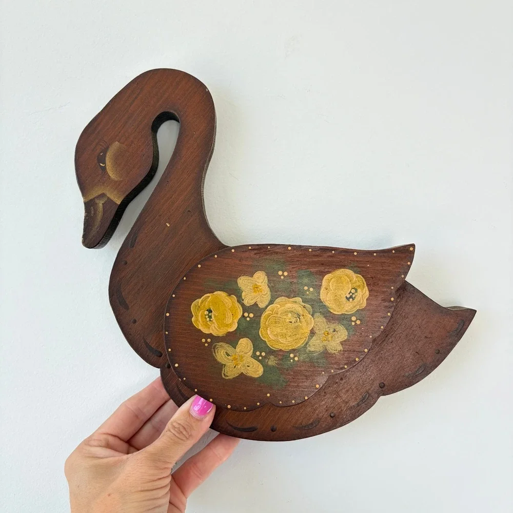 Vintage Hand Painted Wooden Swan Wall Decor Folk Art Yellow Floral 9 Inch